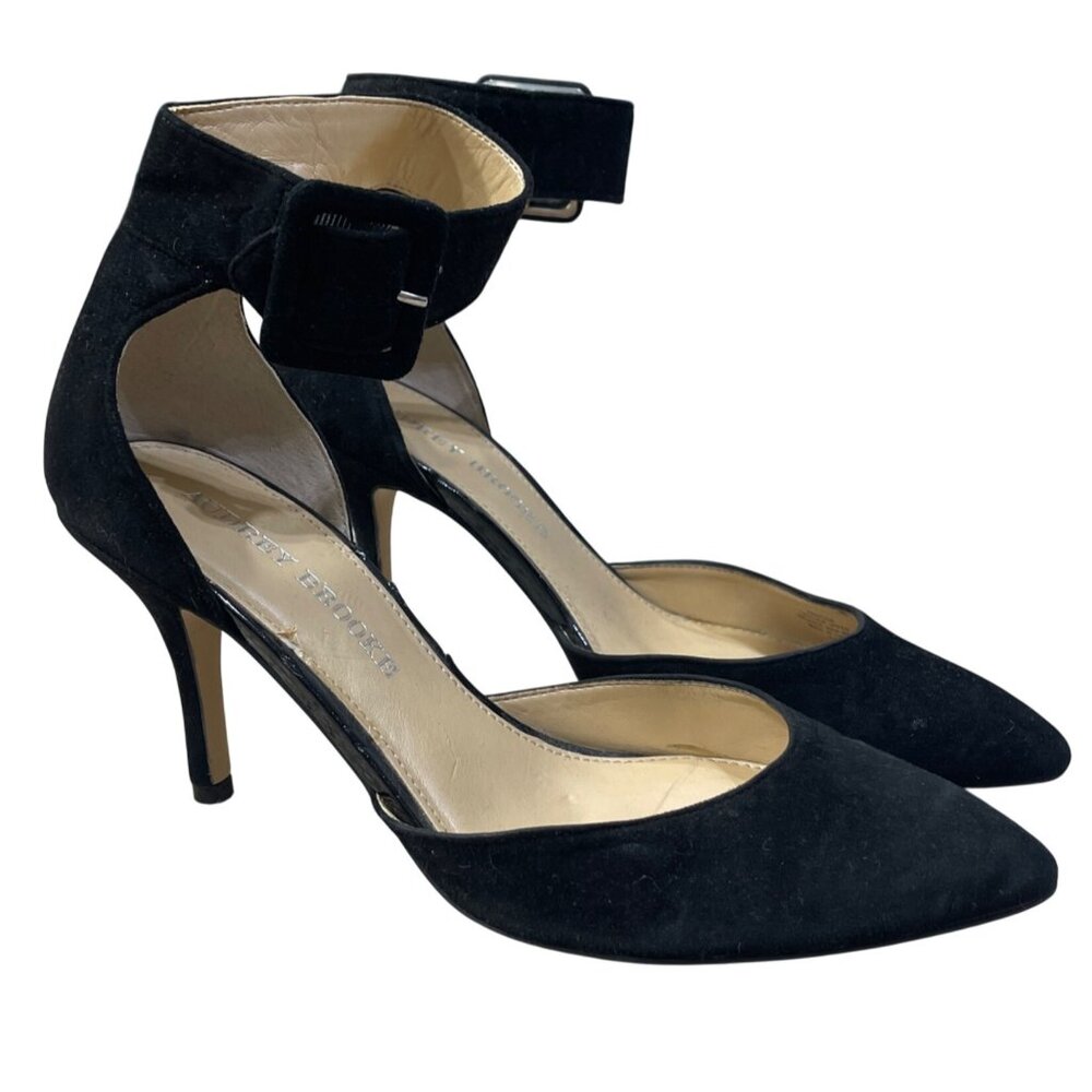 Audrey Brooke Hylda Black Size 6 Suede Pump Heel Ankle Buckle Strap
